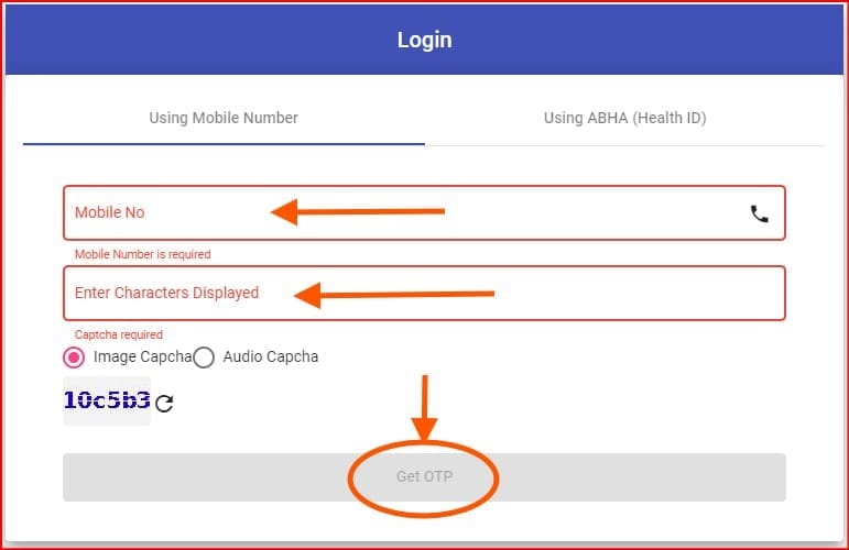 Register/Login Using Mobile or ABHA Number